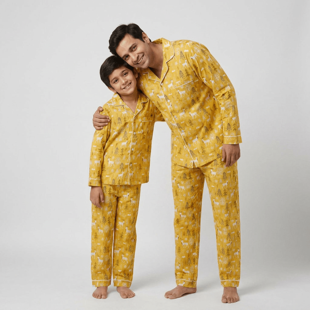 Father and son in matching Reindeer full-sleeve night suit