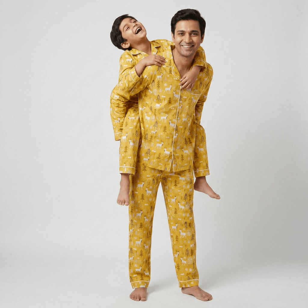 Dad and son twinning in Reindeer full-sleeve night suit by Pajama Tribe