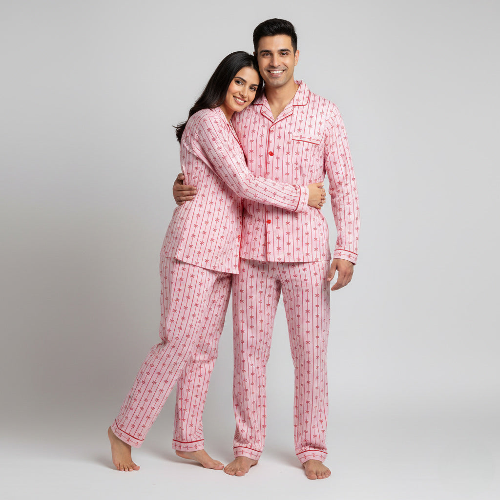 Ribbon stripe couple pajamas shown as neat matching his and her nightwear