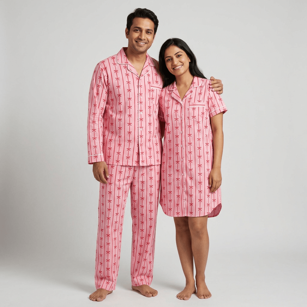Husband and wife in matching Ribbon Stripe Classic night suit