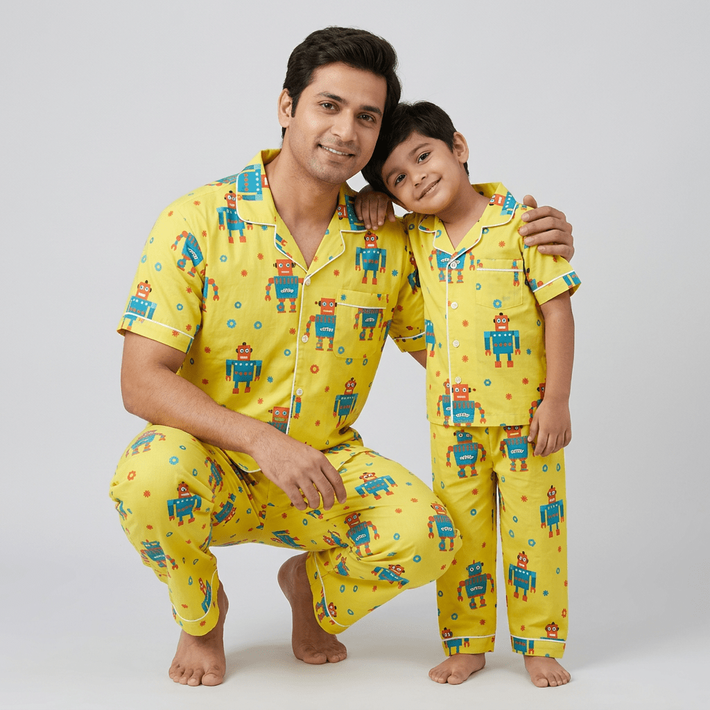 Matching Robot half-sleeve night suit for papa and his boy