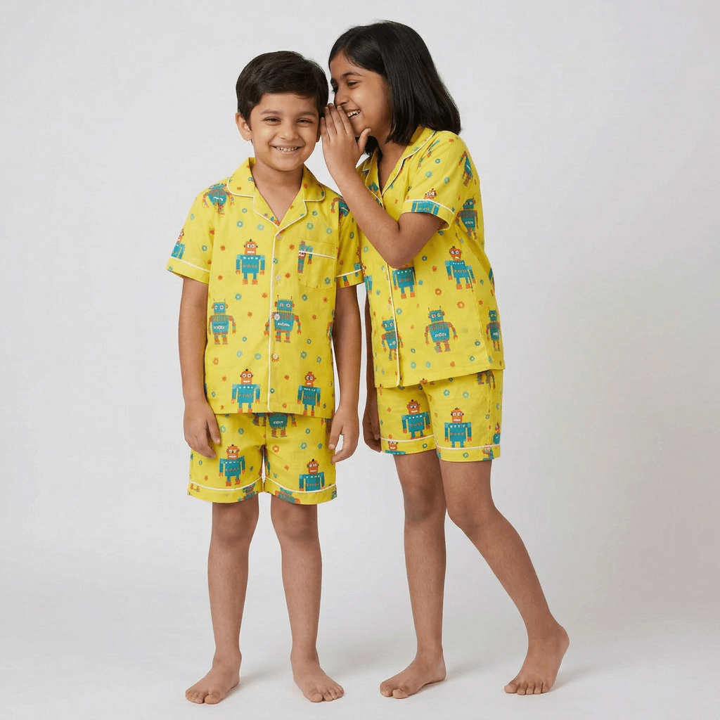 Robot matching shorts set for bro and sis, styled together