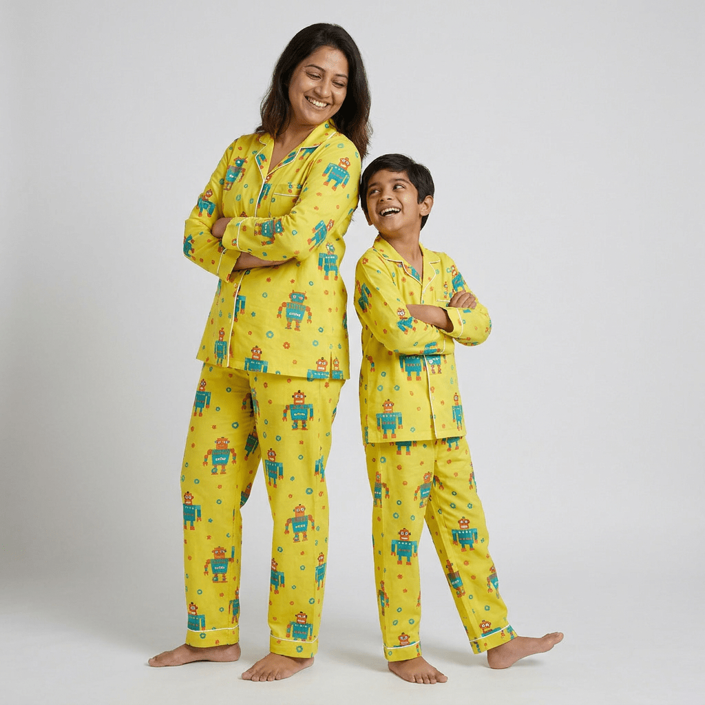 Mom and son in matching Robot full-sleeve night suit