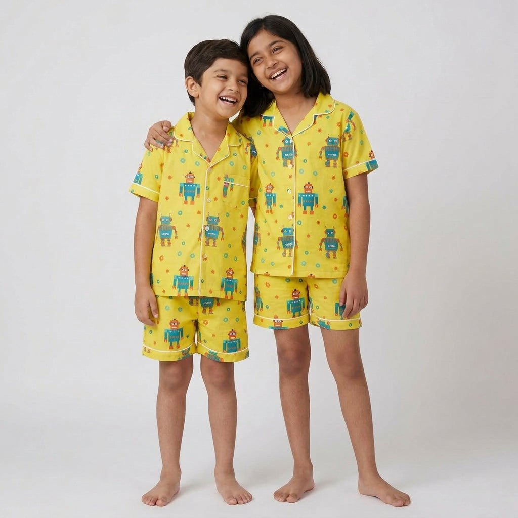 Brother and sister in matching Robot shorts set