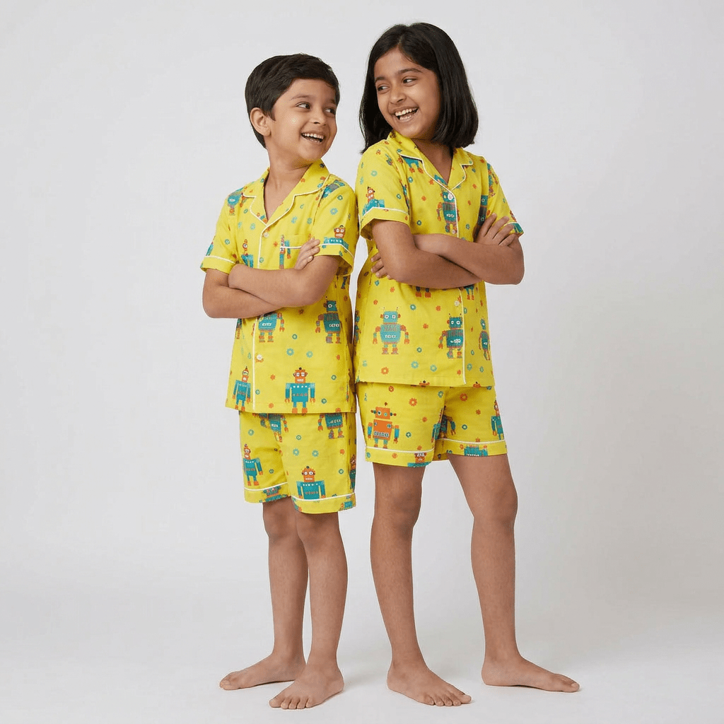 Big sib and little sib twinning in Robot shorts set by Pajama Tribe
