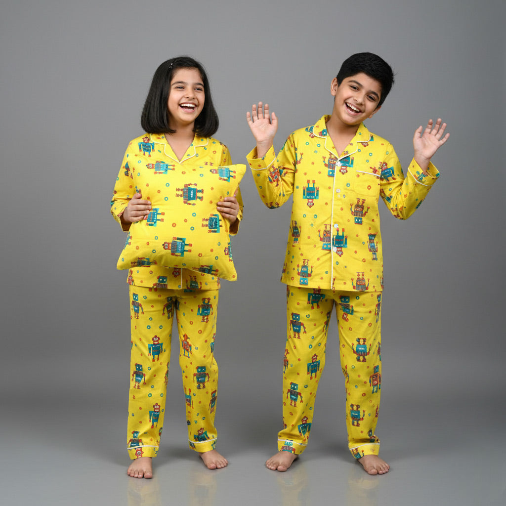 Siblings in robot print matching pajamas, fun tech-themed coordinated set.