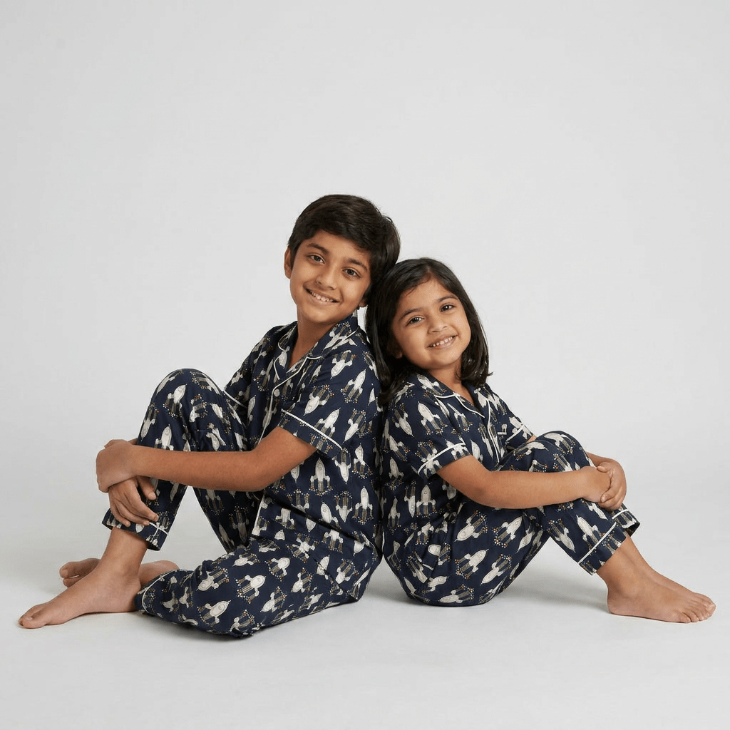 Big sib and little sib twinning in Rocket half-sleeve night suit by Pajama Tribe