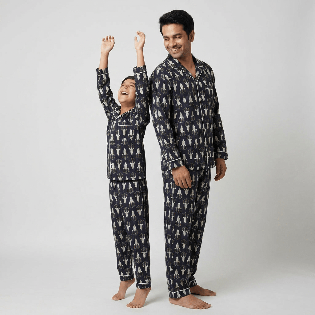 Father and son in matching Rocket full-sleeve night suit