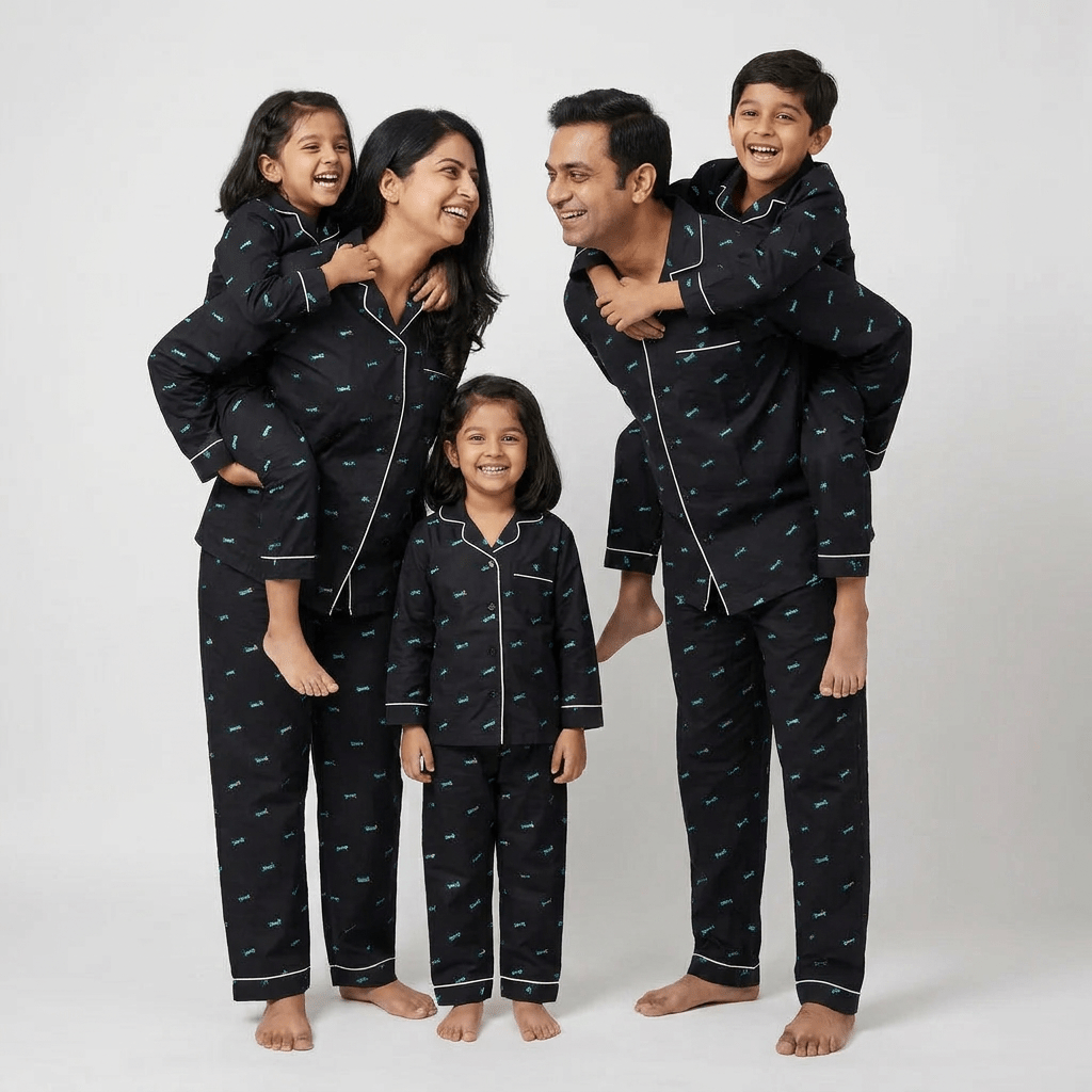 Mom, dad and the kids twinning in Roller Board full-sleeve night suit by Pajama Tribe