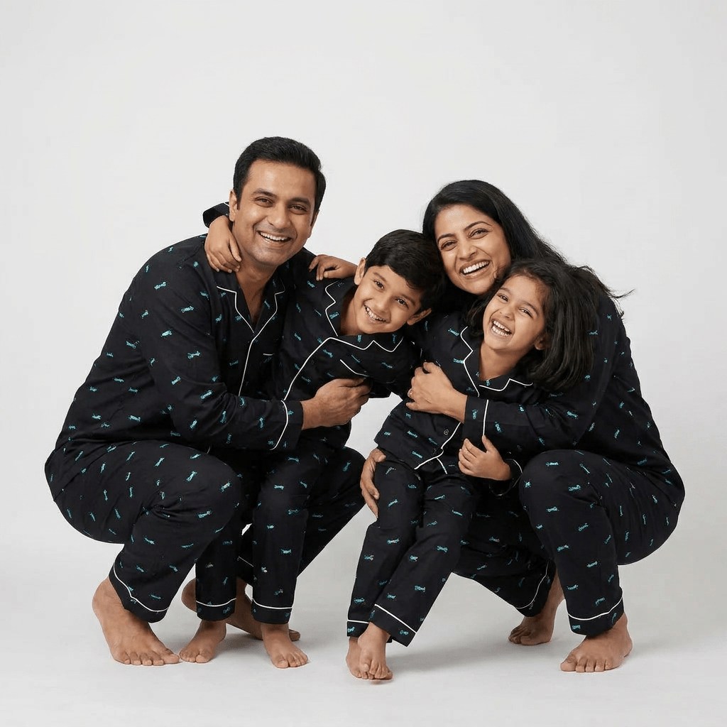 Roller Board matching full-sleeve night suit for mumma, papa and the little ones, styled together