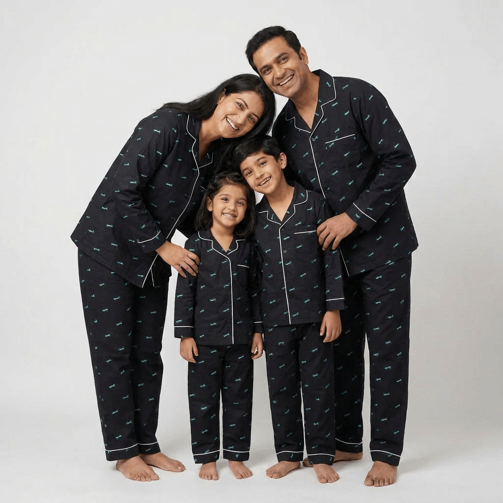 Mumma, papa and the little ones in matching Roller Board full-sleeve night suit