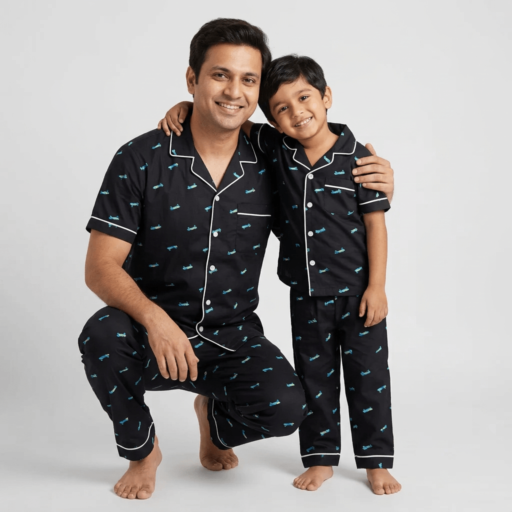 Matching Roller Board half-sleeve night suit for dad and son