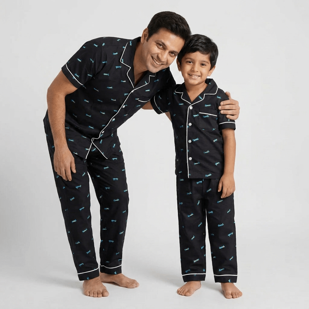Roller Board matching half-sleeve night suit for father and son, styled together