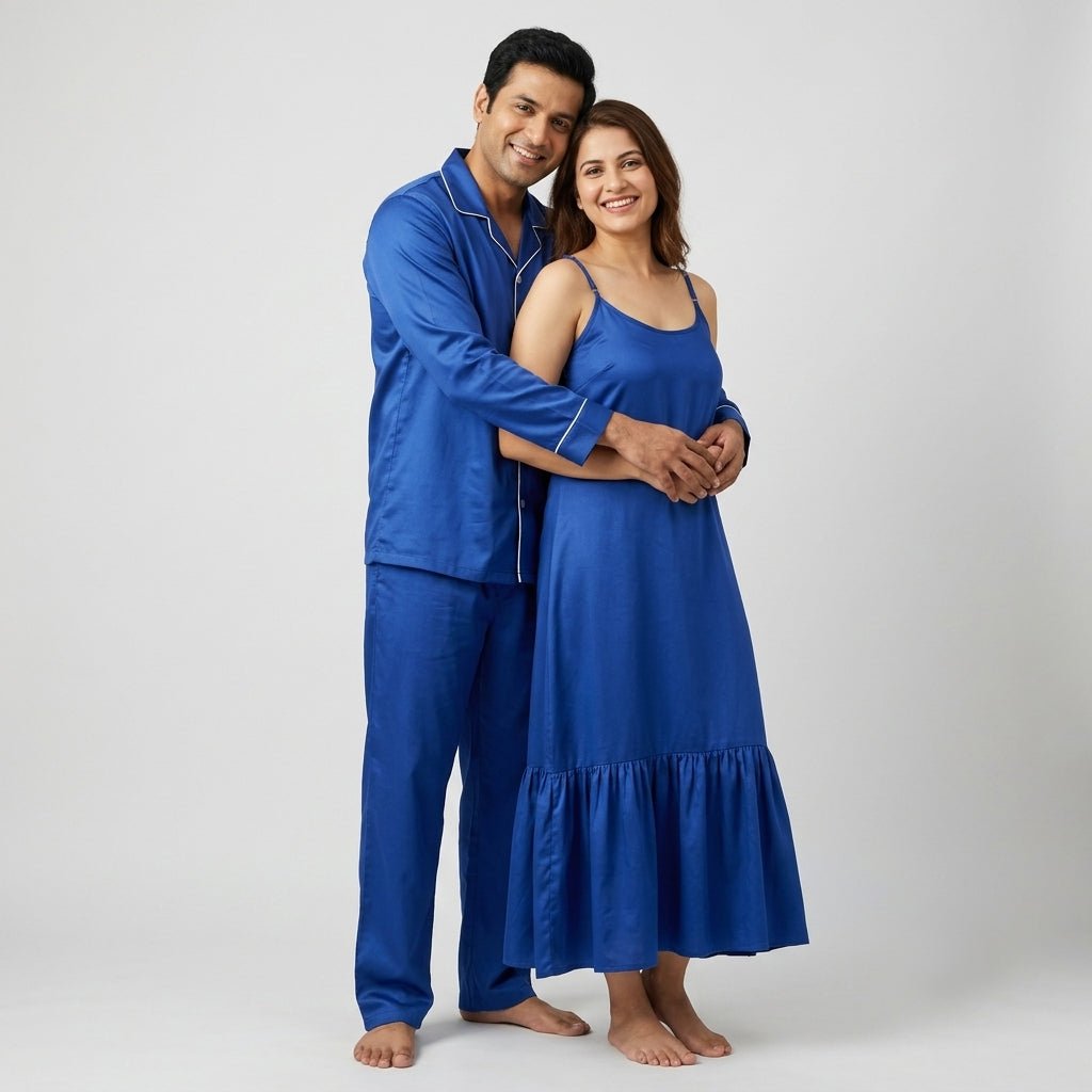 Royal Blue Satin matching night suit for him and her, styled together