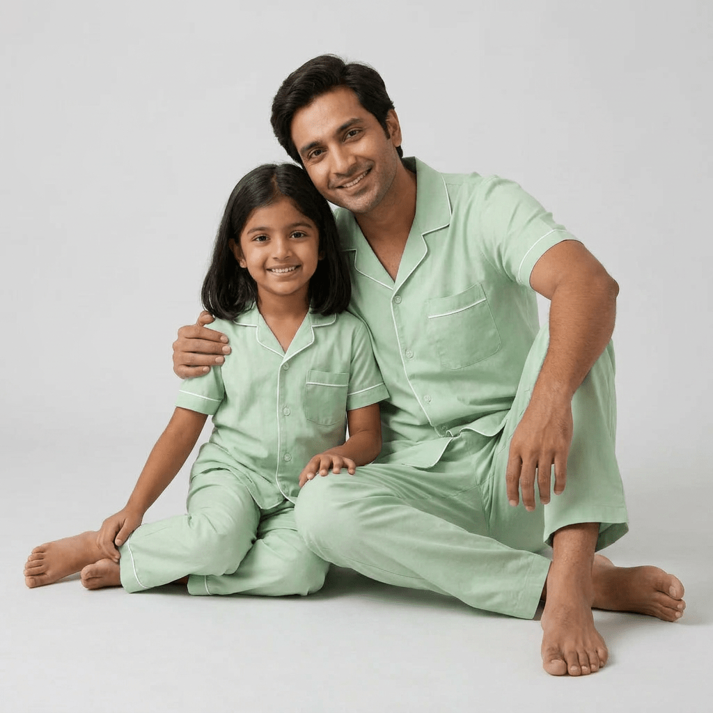 Sage Green matching half-sleeve night suit for papa and his girl, styled together