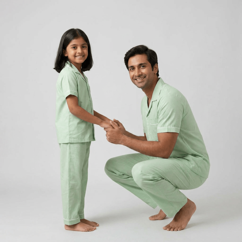 Dad and daughter in matching Sage Green half-sleeve night suit
