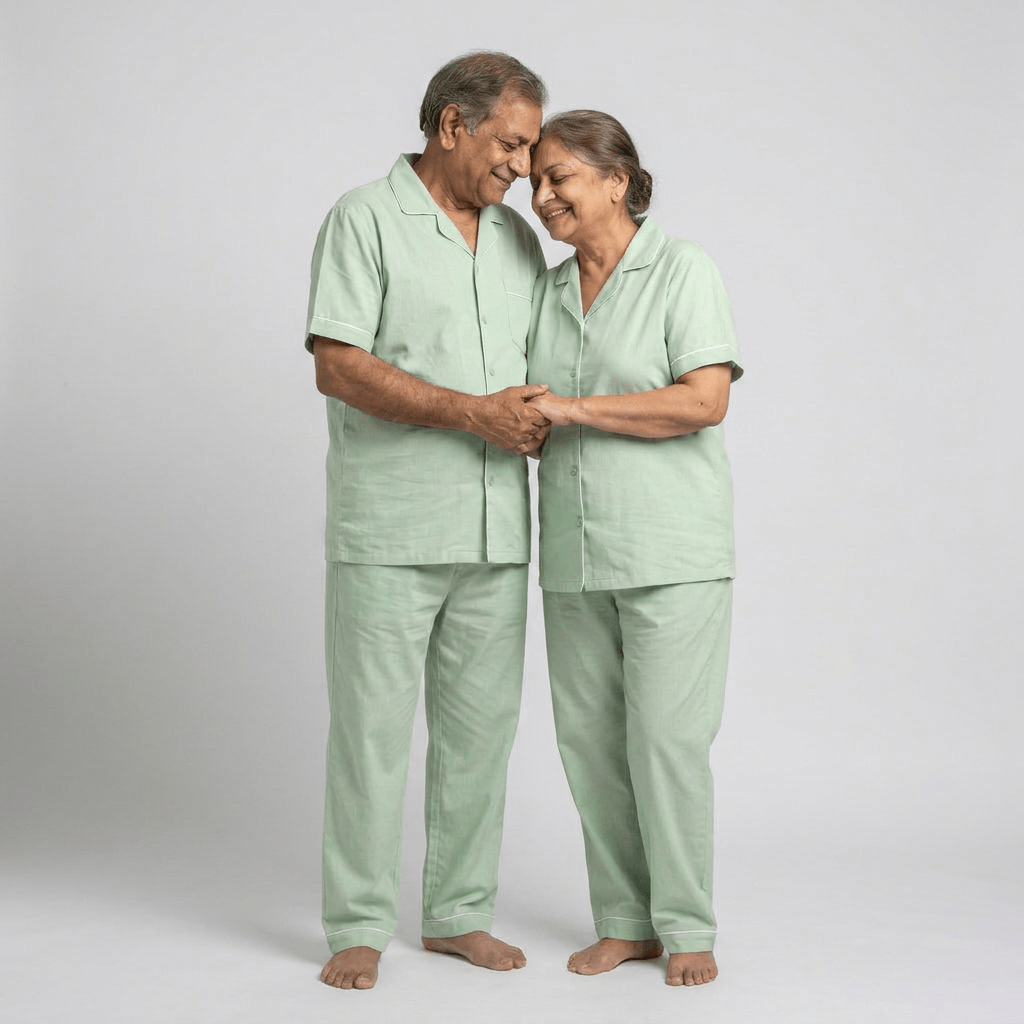 Dada and dadi in matching Sage Green half-sleeve night suit