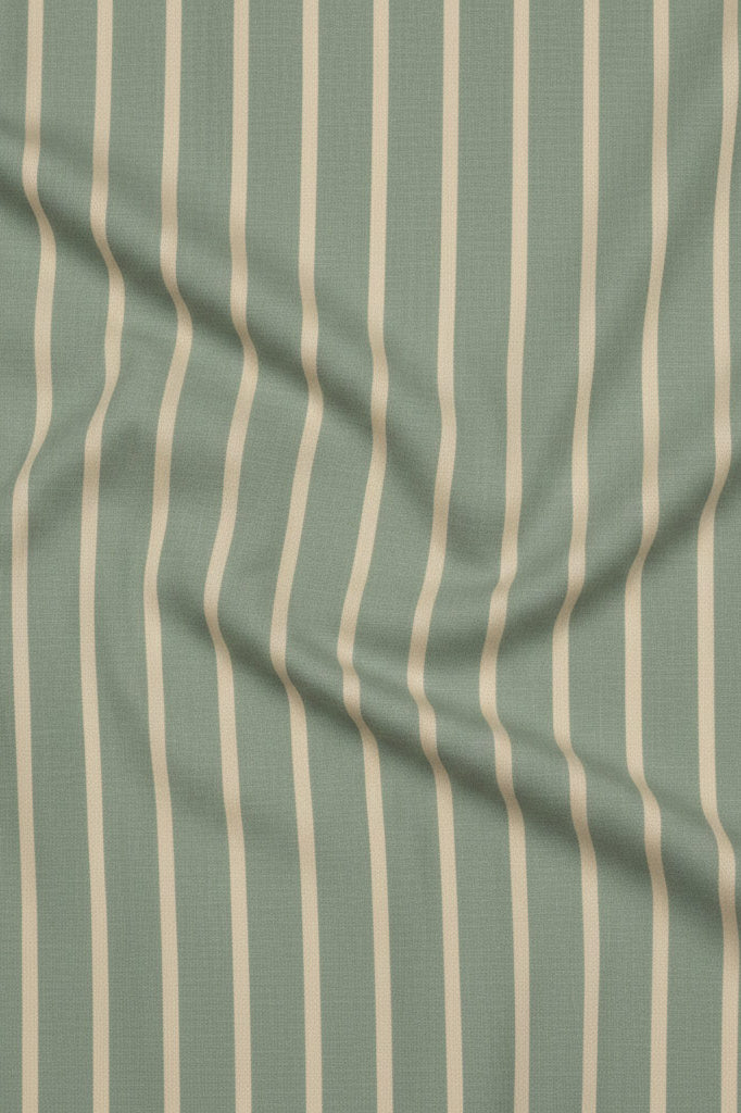 Sage green cotton fabric with soft cream stripes