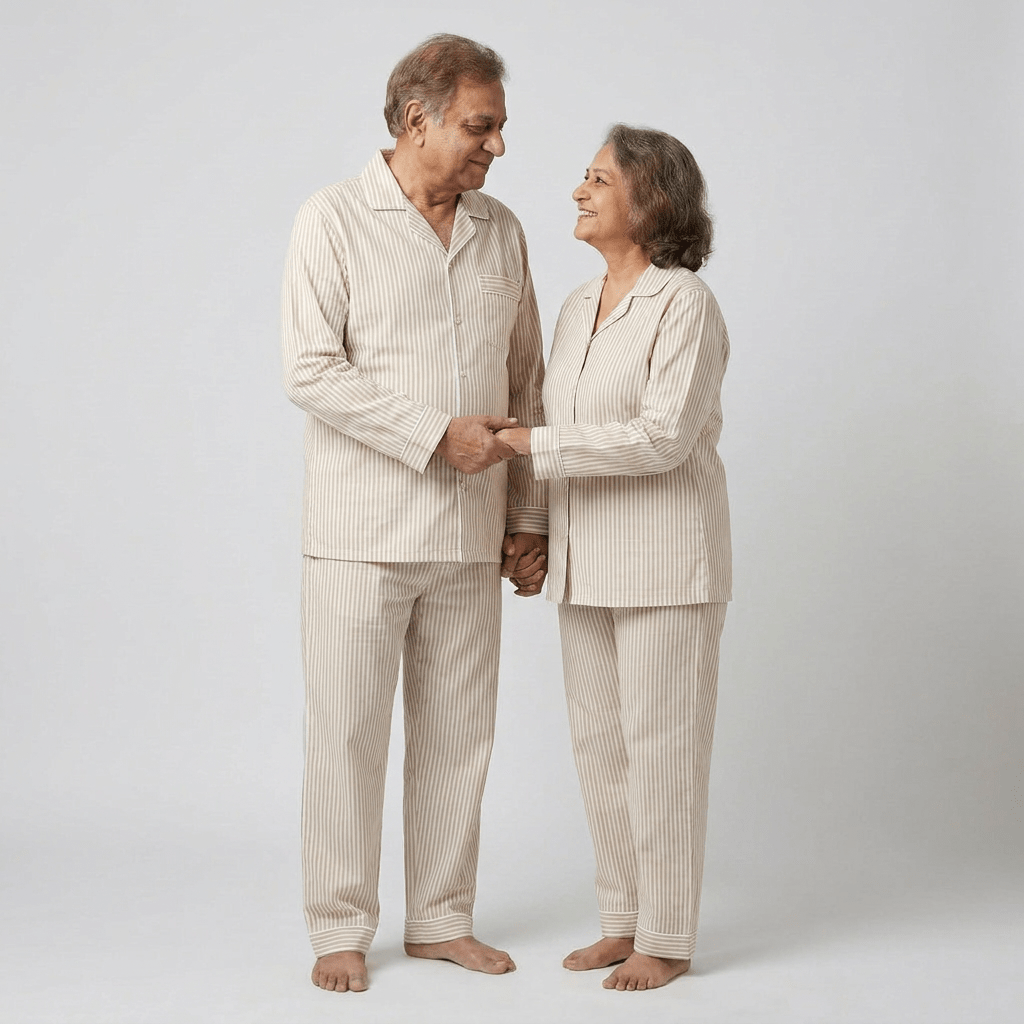 Your parents in matching Beige Pinstripes full-sleeve night suit