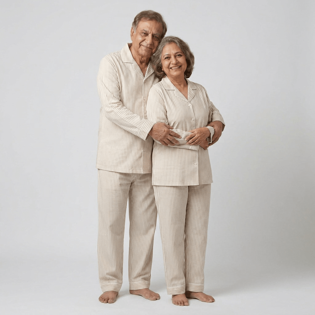 Beige Pinstripes dada dadi matching night suit worn together