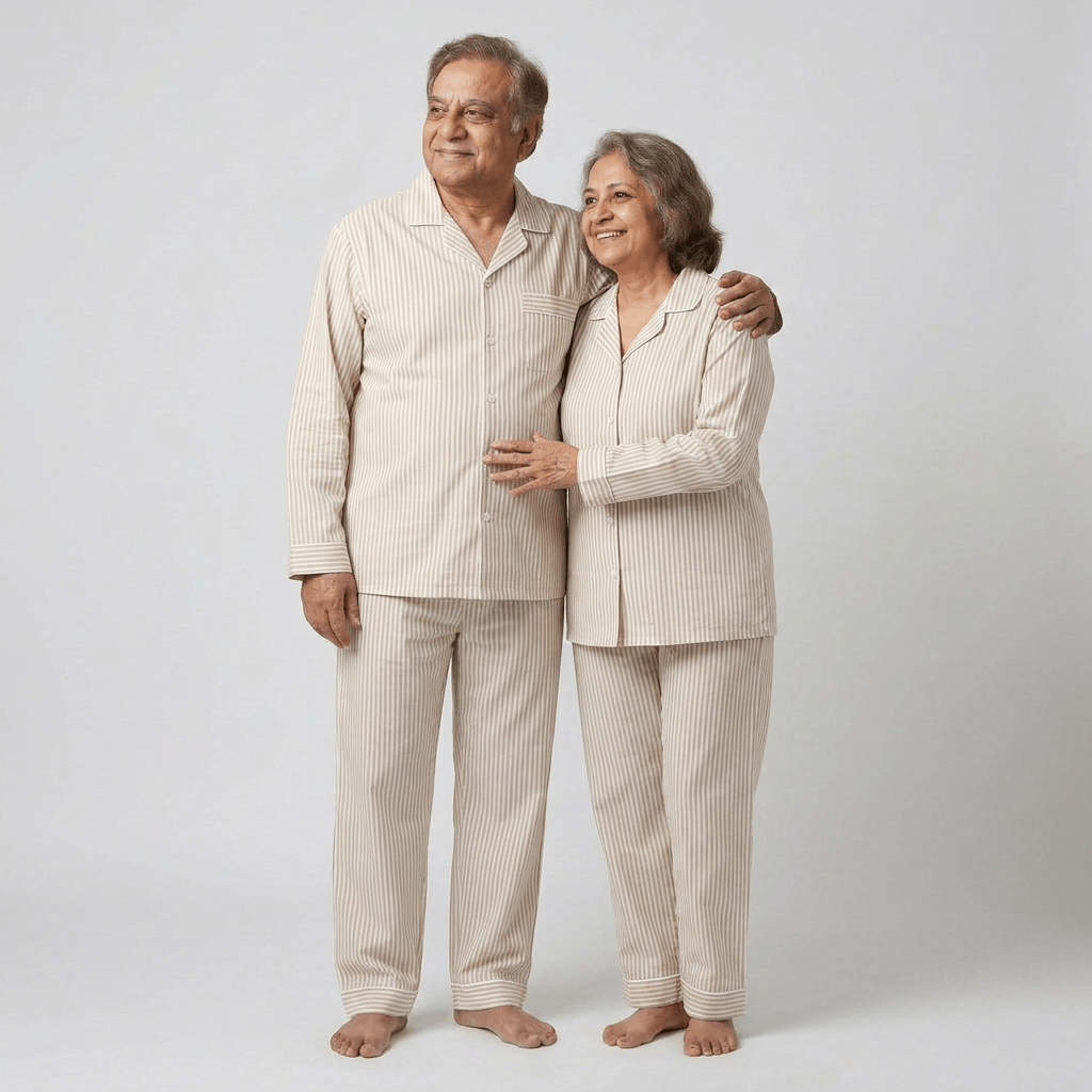 Matching Beige Pinstripes full-sleeve night suit for grandma and grandpa