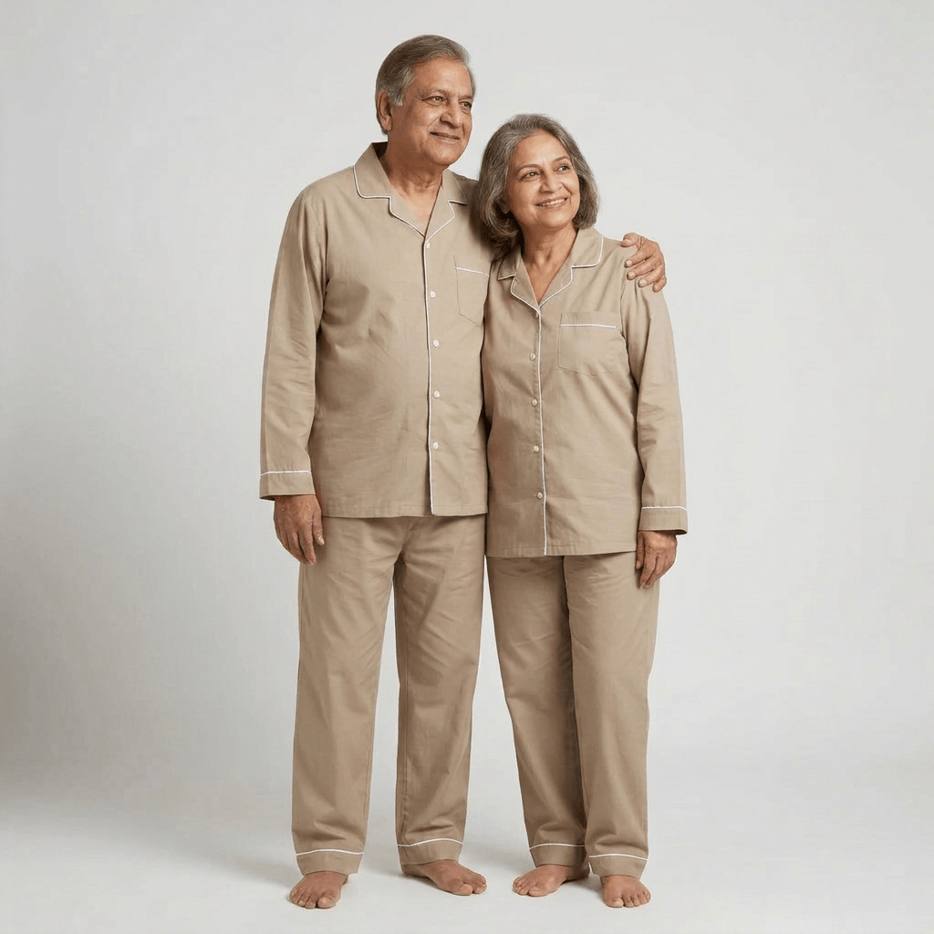Your parents in matching Sand Beige full-sleeve night suit