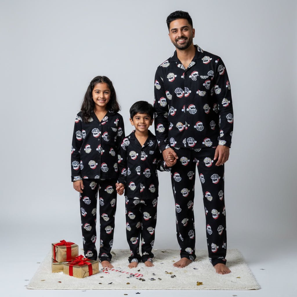 Santa Faith Flannel matching family pajamas worn together