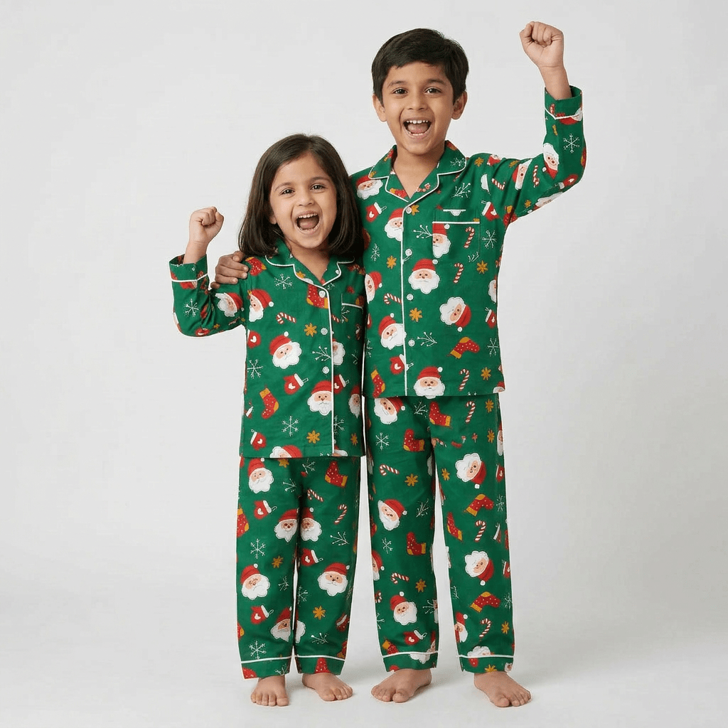 Matching Santa and Stockings full-sleeve night suit for bro and sis