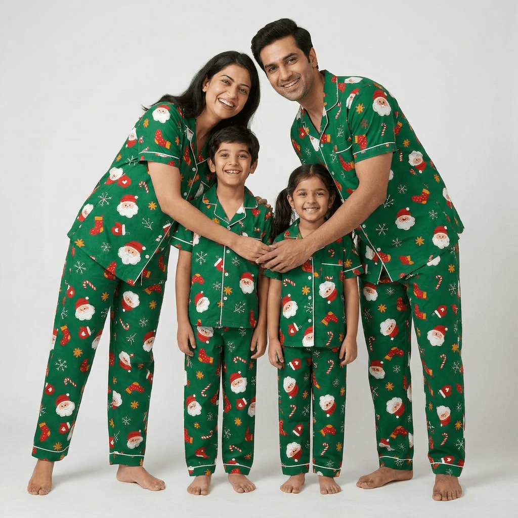 Matching Santa and Stockings half-sleeve night suit for parents and kids