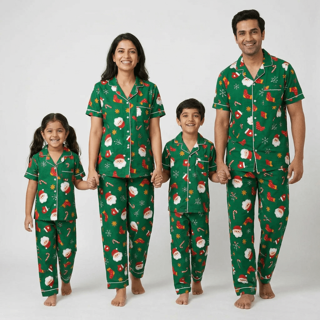 Santa and Stockings matching half-sleeve night suit for mom, dad and the kids, styled together