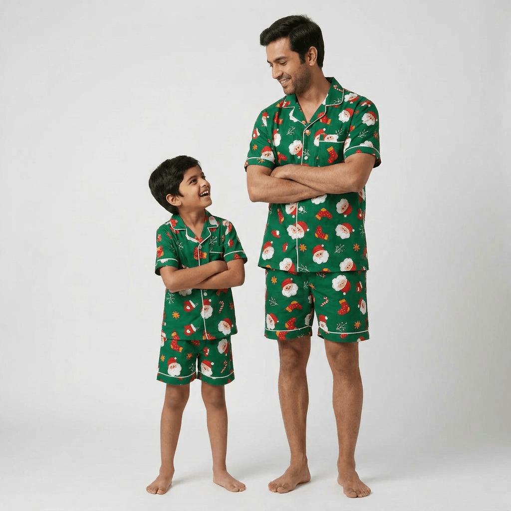 Matching Santa and Stockings shorts set for dad and his mini-me