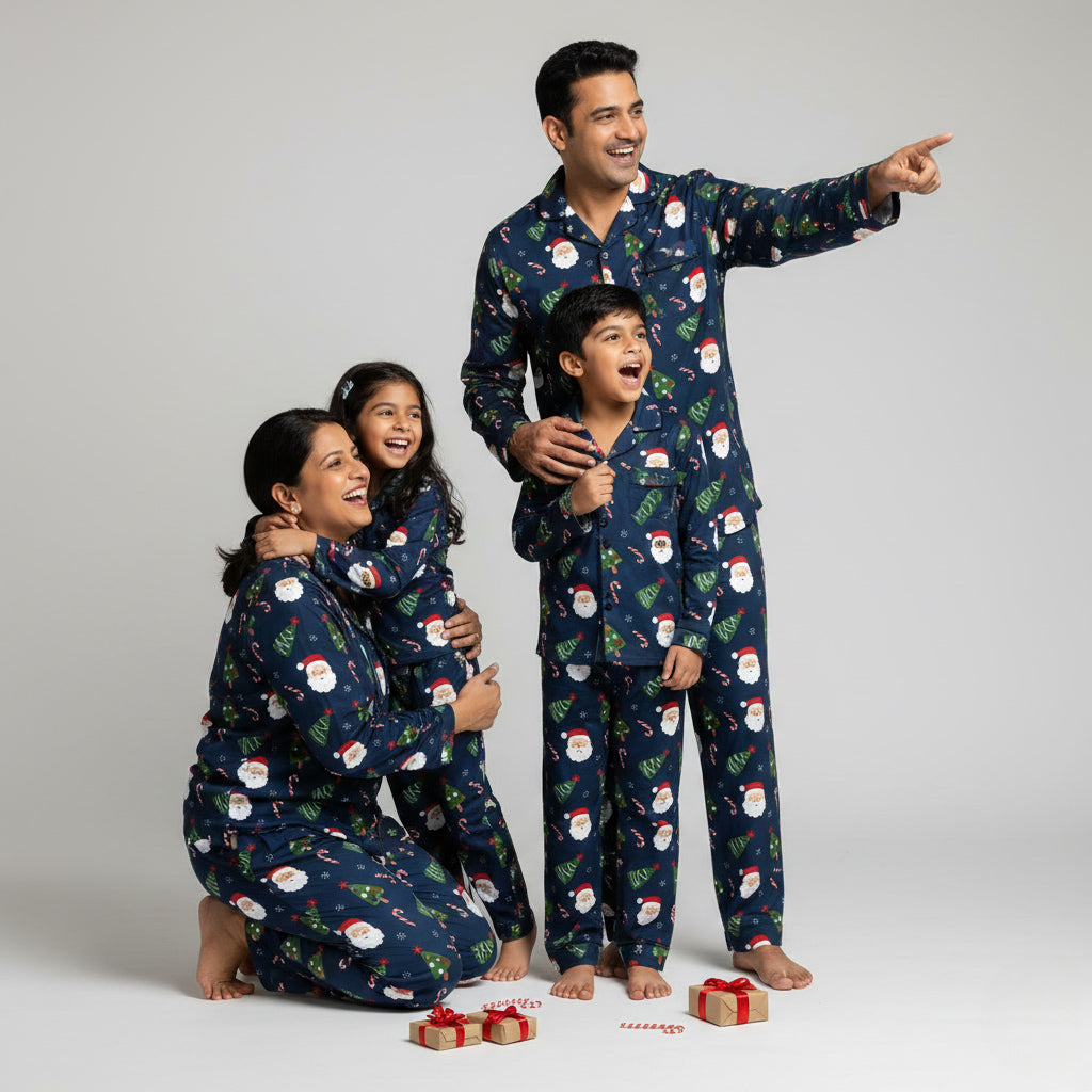 Family in Santa Trees matching pajama set, Christmas-themed coordinated nightwear.