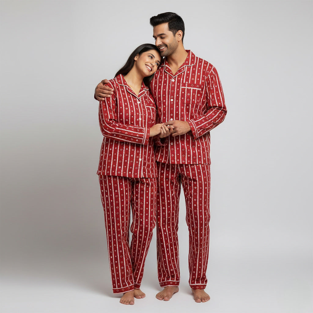 Scalloped heart border couple pajamas worn as matching his and her set
