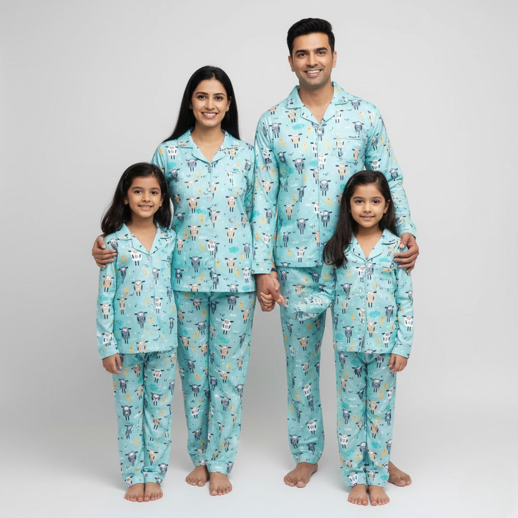 Family wearing sleepy sheep print matching pajama set, soft cosy coordinated nightwear.