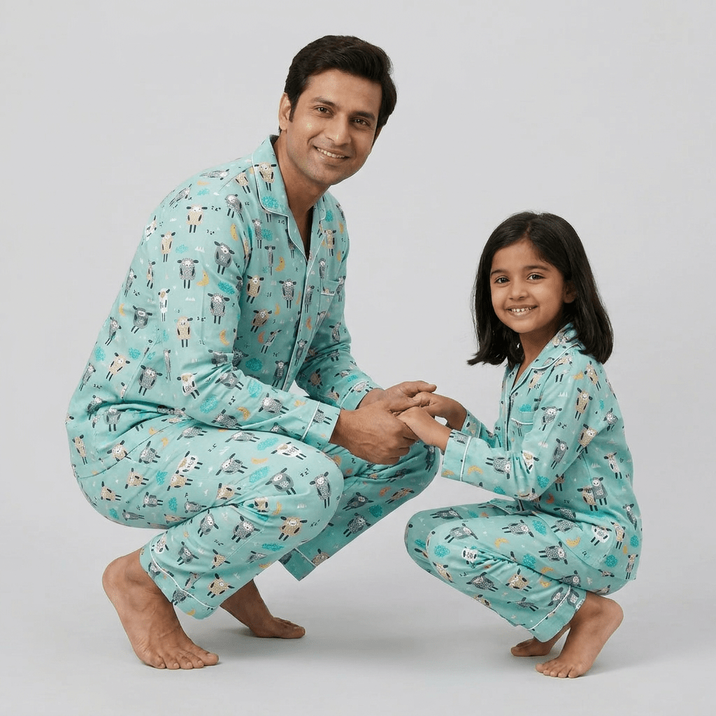 Matching Sheepy Head full-sleeve night suit for father and daughter