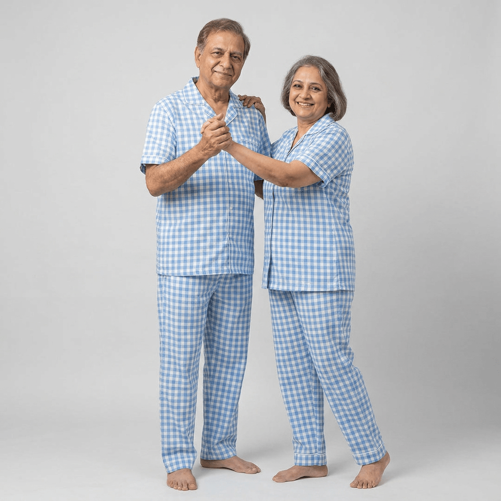 Nana and nani twinning in Sky Blue Gingham full-sleeve night suit by Pajama Tribe