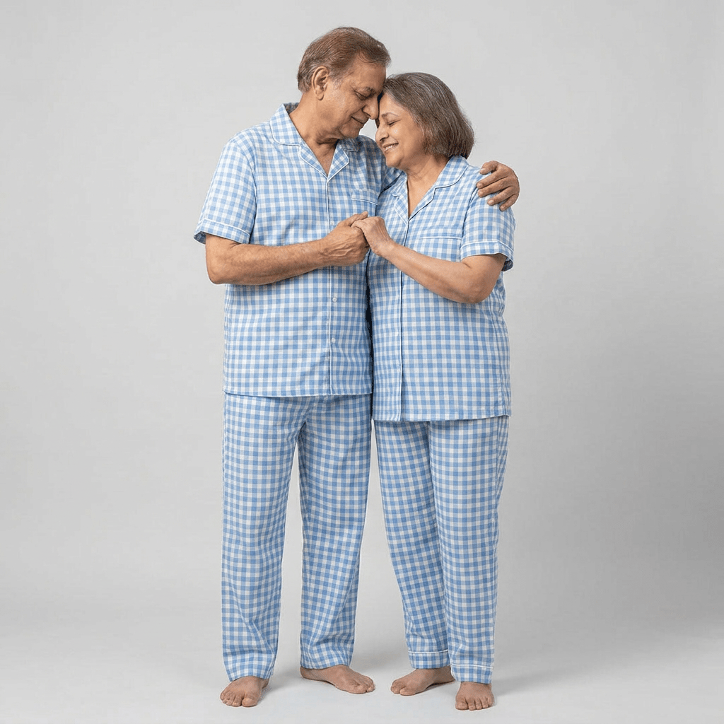 Sky Blue Gingham matching full-sleeve night suit for dada and dadi, styled together
