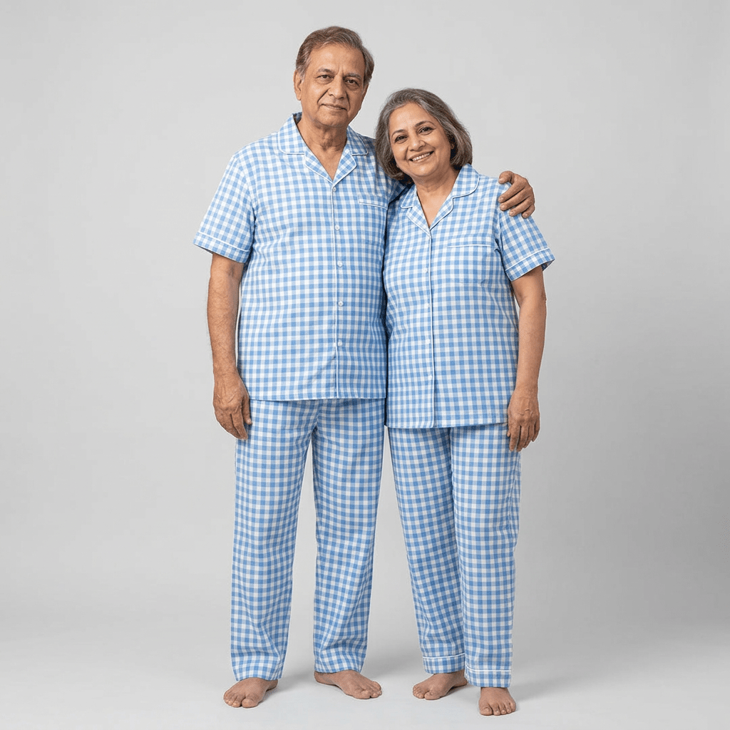 Grandma and grandpa in matching Sky Blue Gingham full-sleeve night suit