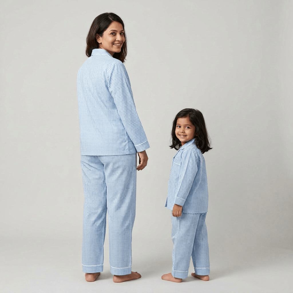 Matching Powder Blue Gingham night suit for mumma and her girl