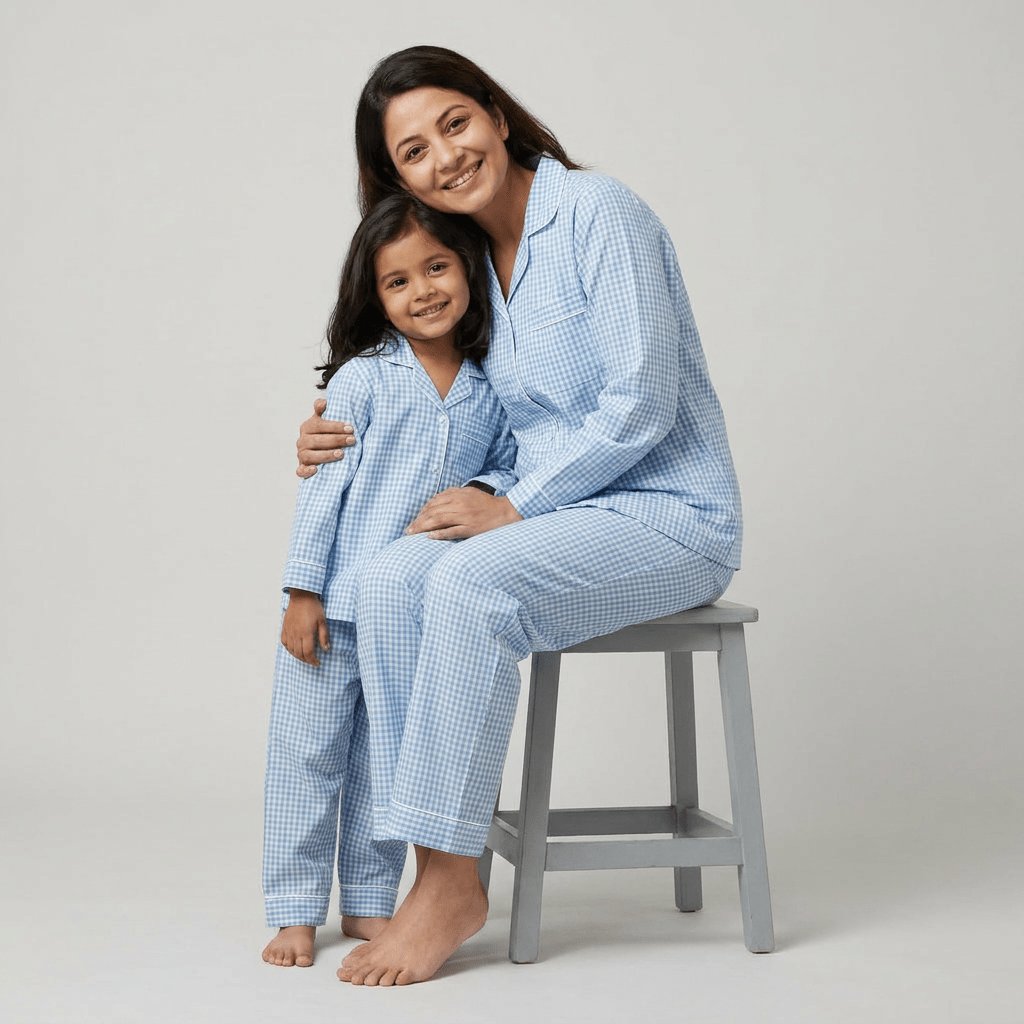 Pajama Tribe Powder Blue Gingham mother daughter night suit