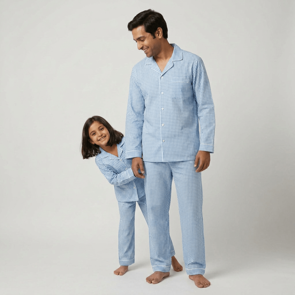 Papa and his girl in matching Powder Blue Gingham full-sleeve night suit