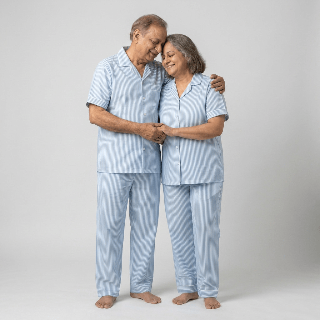 Sky Blue Pinstripes nana nani matching pajamas worn together