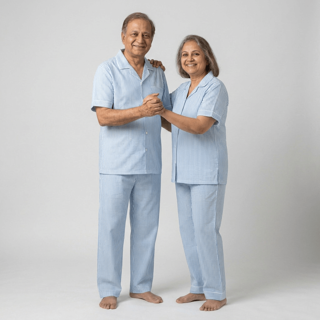 Matching Sky Blue Pinstripes half-sleeve night suit for dada and dadi