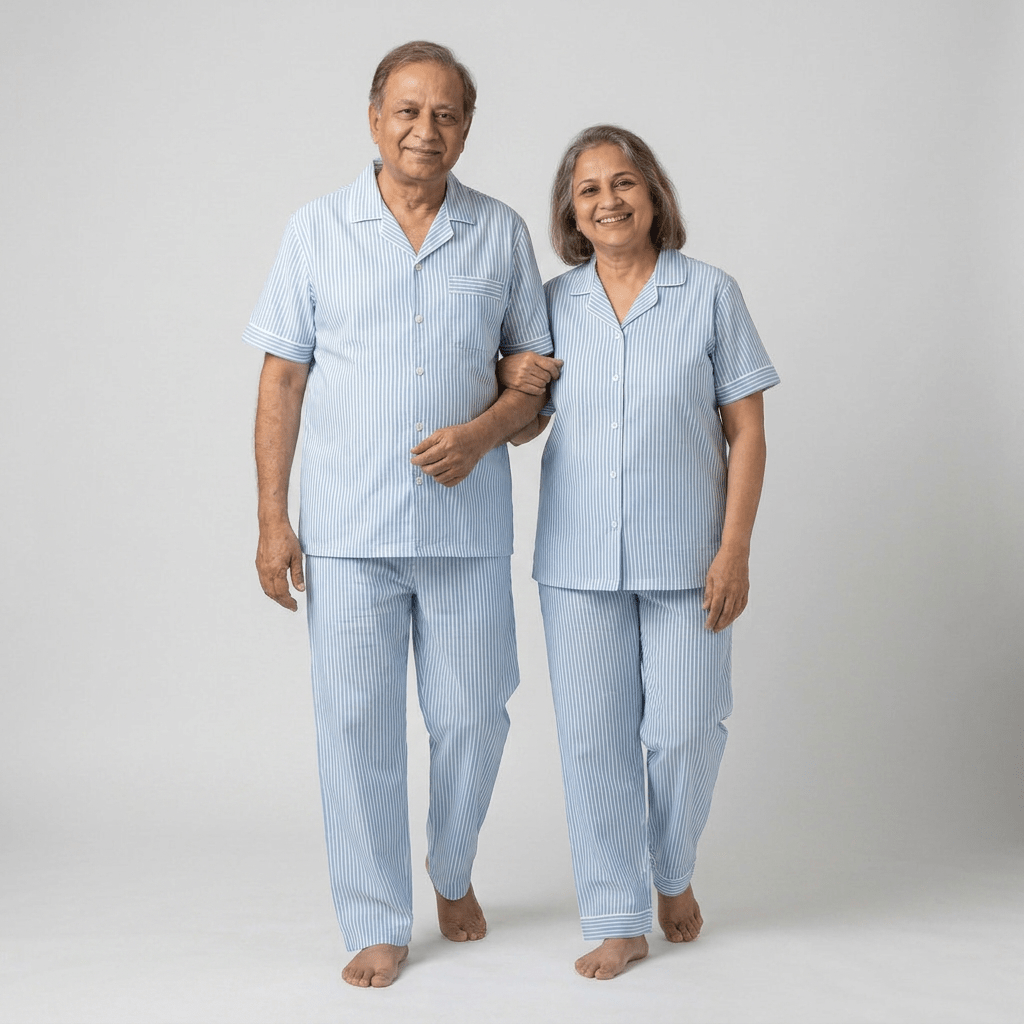 Dada and dadi twinning in Sky Blue Pinstripes half-sleeve night suit by Pajama Tribe
