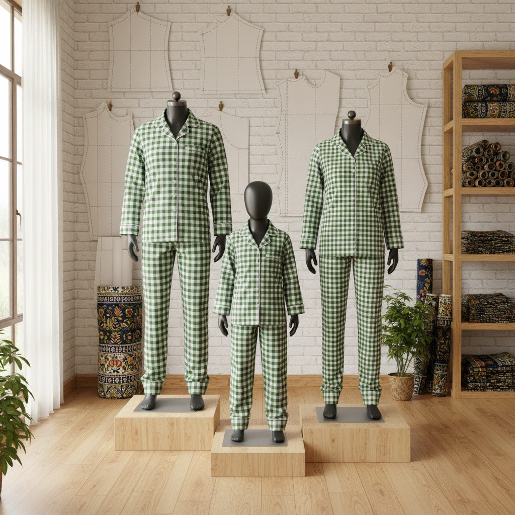 Green checkered pajama sets on mannequins in a room with a white brick wall and wooden floor.