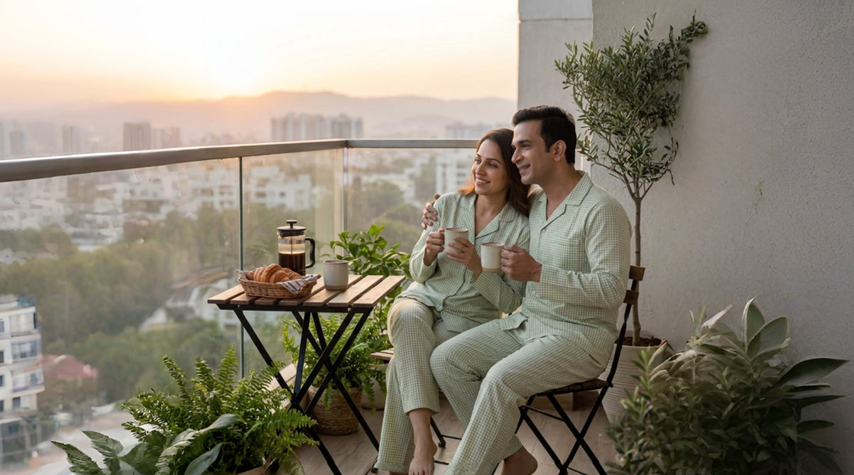 Couple wearing matching printed pajamas while enjoying coffee on a balcony.