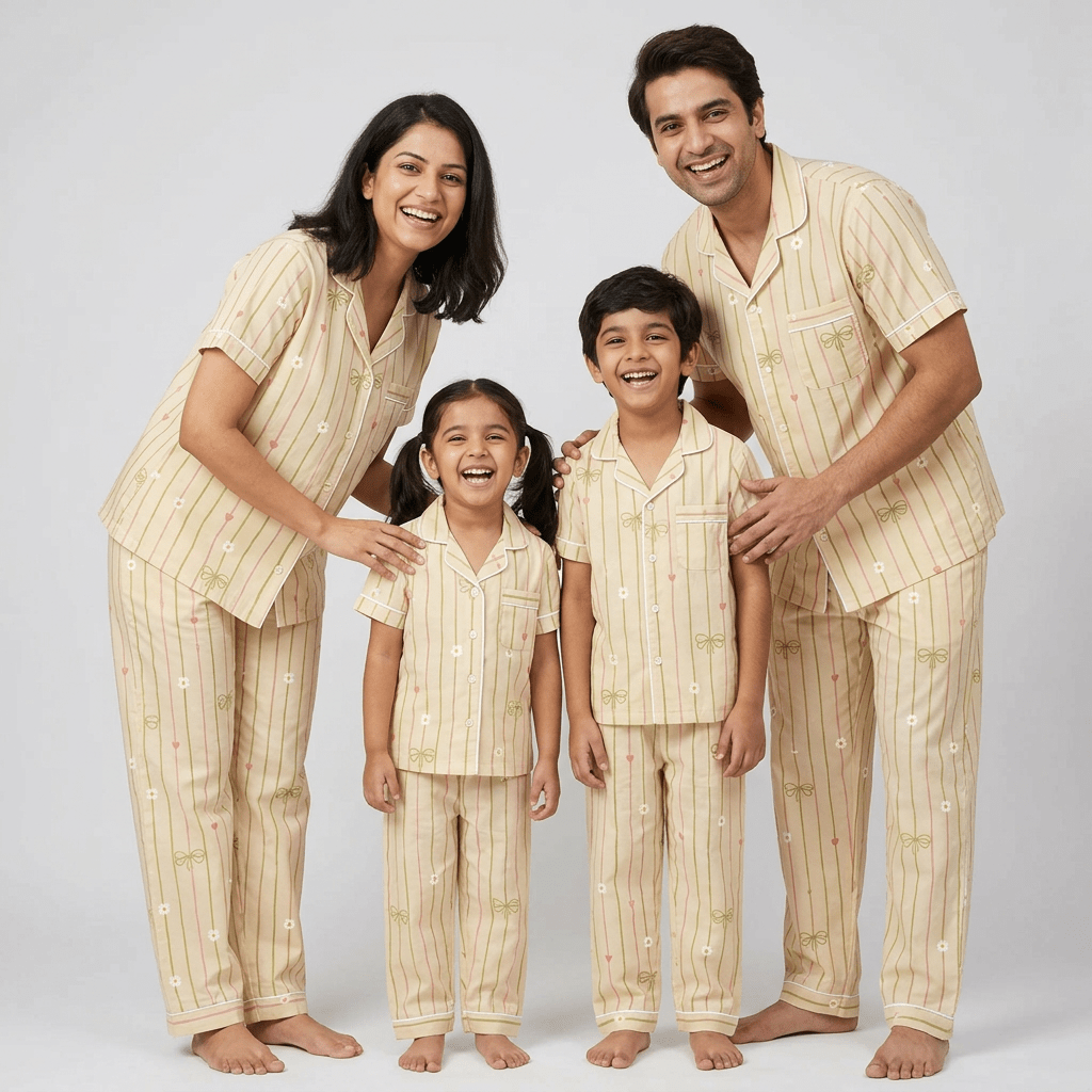 Soft Bloom Bow Stripe matching family pajamas worn together