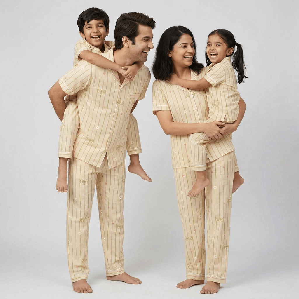 Matching Soft Bloom Bow Stripe full-sleeve night suit for the whole family