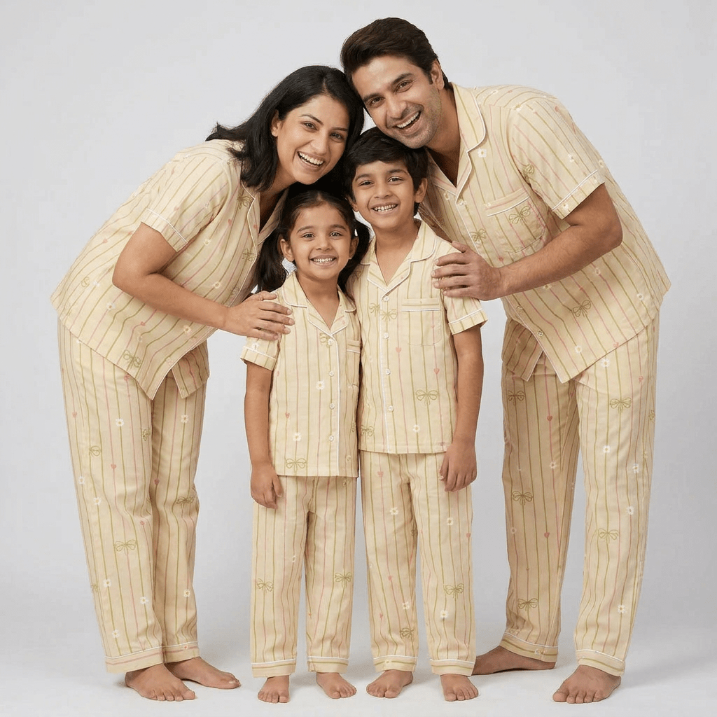 Mumma, papa and the little ones twinning in Soft Bloom Bow Stripe full-sleeve night suit by Pajama Tribe