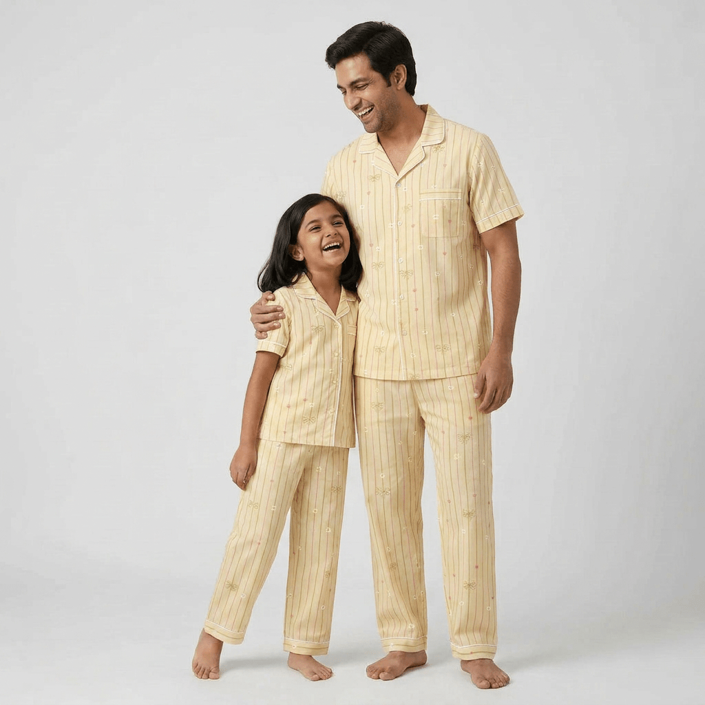 Soft Bloom Stripe matching half-sleeve night suit for father and daughter, styled together